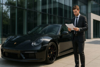 Photo hyperrealiste d'une Porsche noire élégante devant un bâtiment moderne