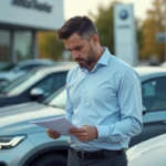 Homme consultant un document de garantie lors de sa première visite chez un concessionnaire automobile PF Motor