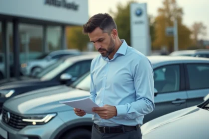 Homme consultant un document de garantie lors de sa première visite chez un concessionnaire automobile PF Motor
