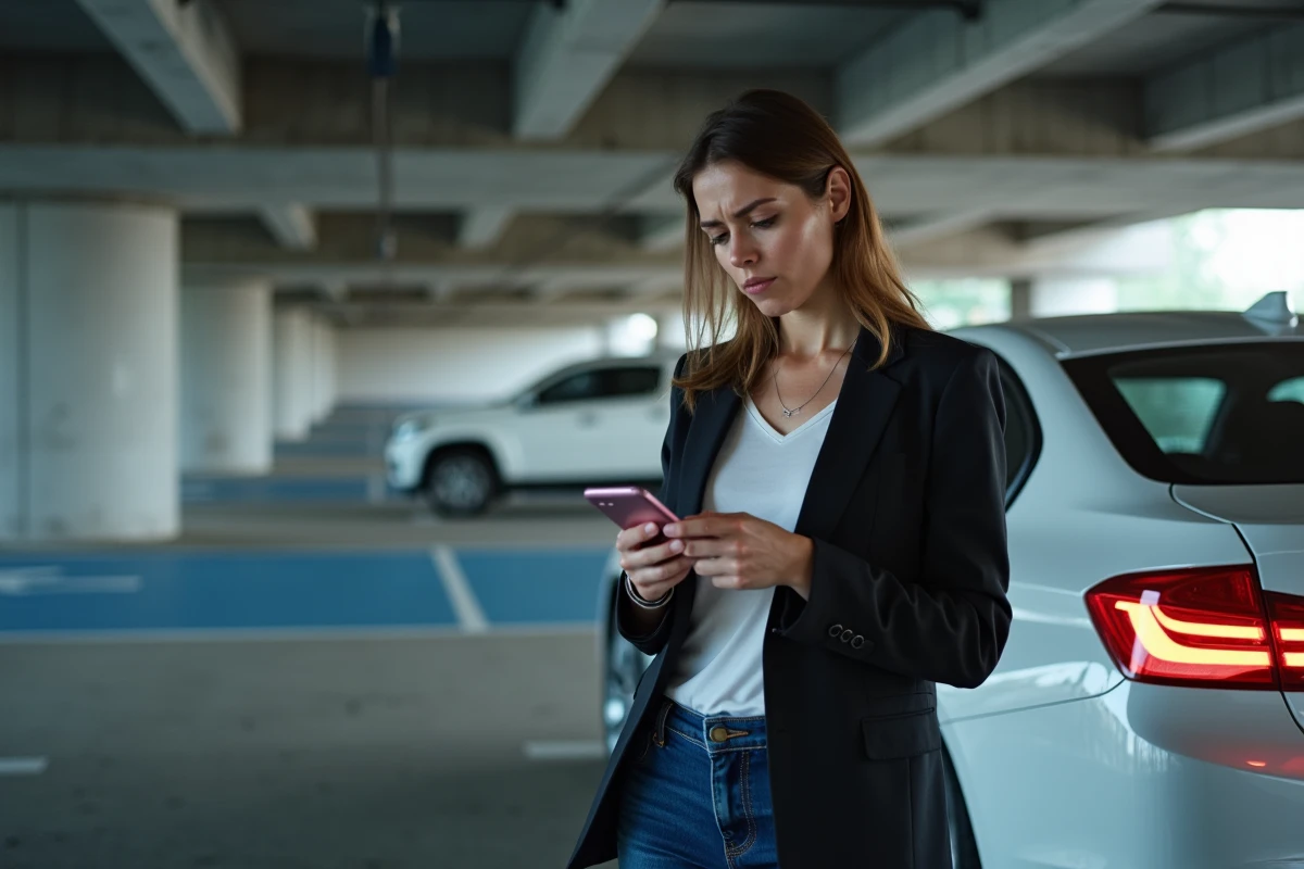 Femme propriétaire de BMW consultant une alerte moteur B47 sur smartphone dans un parking urbain