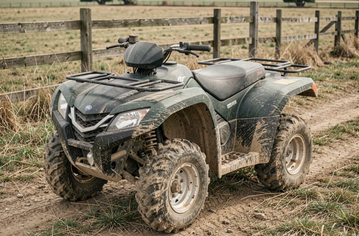Quad non homologué route garé sur une piste agricole en terre avec des détails de carrosserie usée