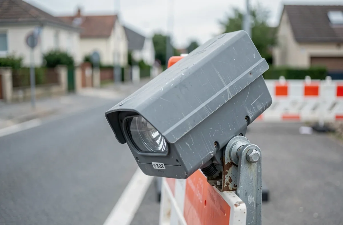Radar de contrôle de vitesse mal positionné sur un support provisoire dans une zone de travaux urbaine