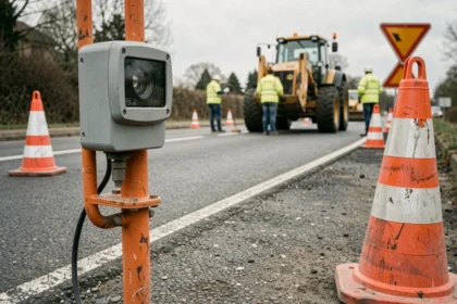Radar de chantier positionné sur un poteau temporaire en bord de route avec des ouvriers en gilet jaune en arrière-plan