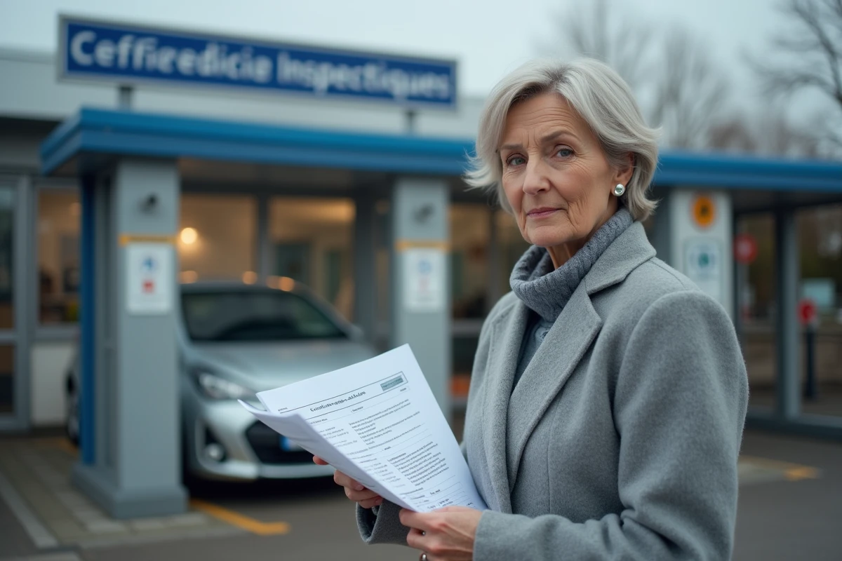 Femme lisant un rapport de contrôle technique devant un centre d'inspection automobile agréé