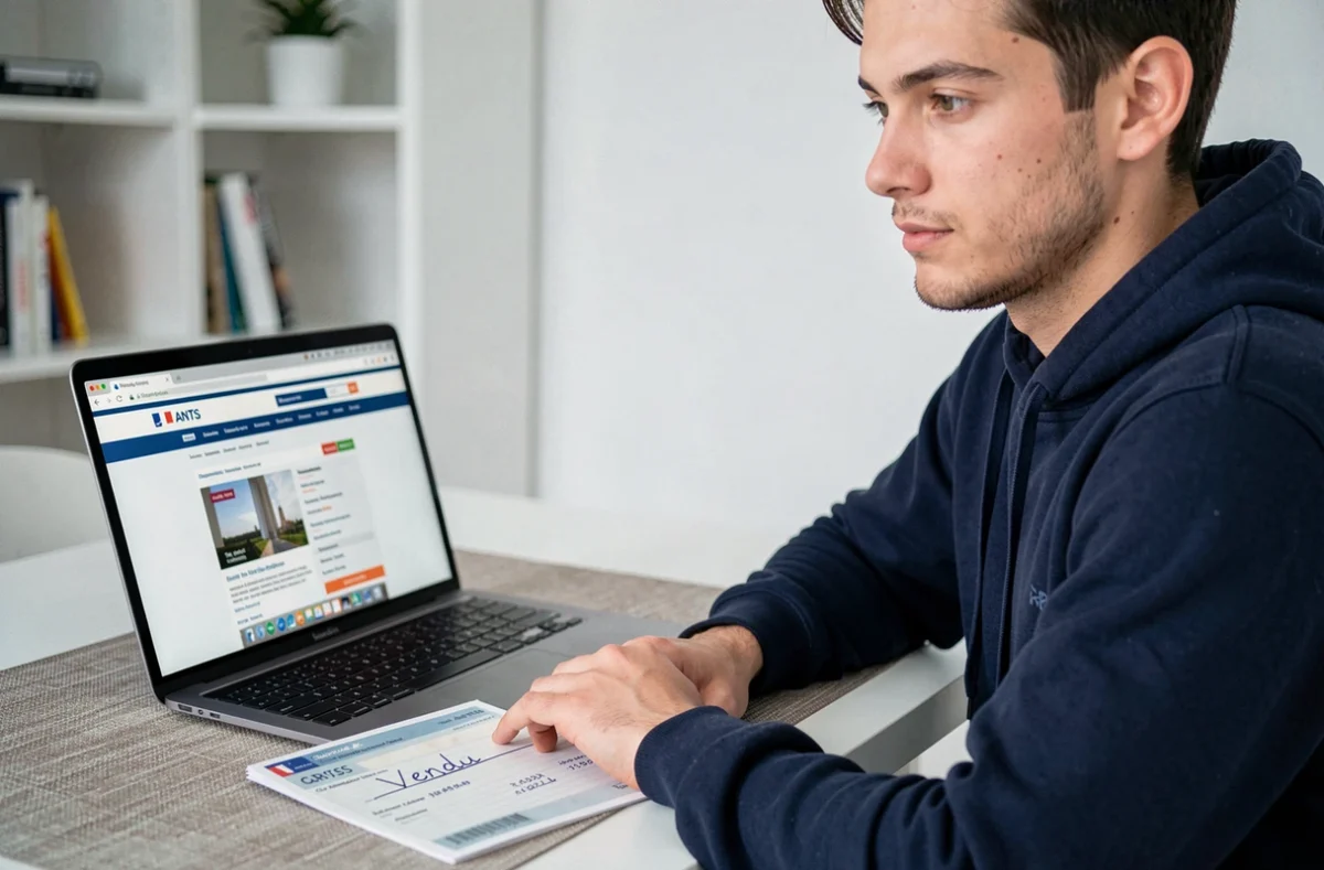 Jeune homme rayant sa carte grise et effectuant la déclaration de cession en ligne sur le site de l'ANTS