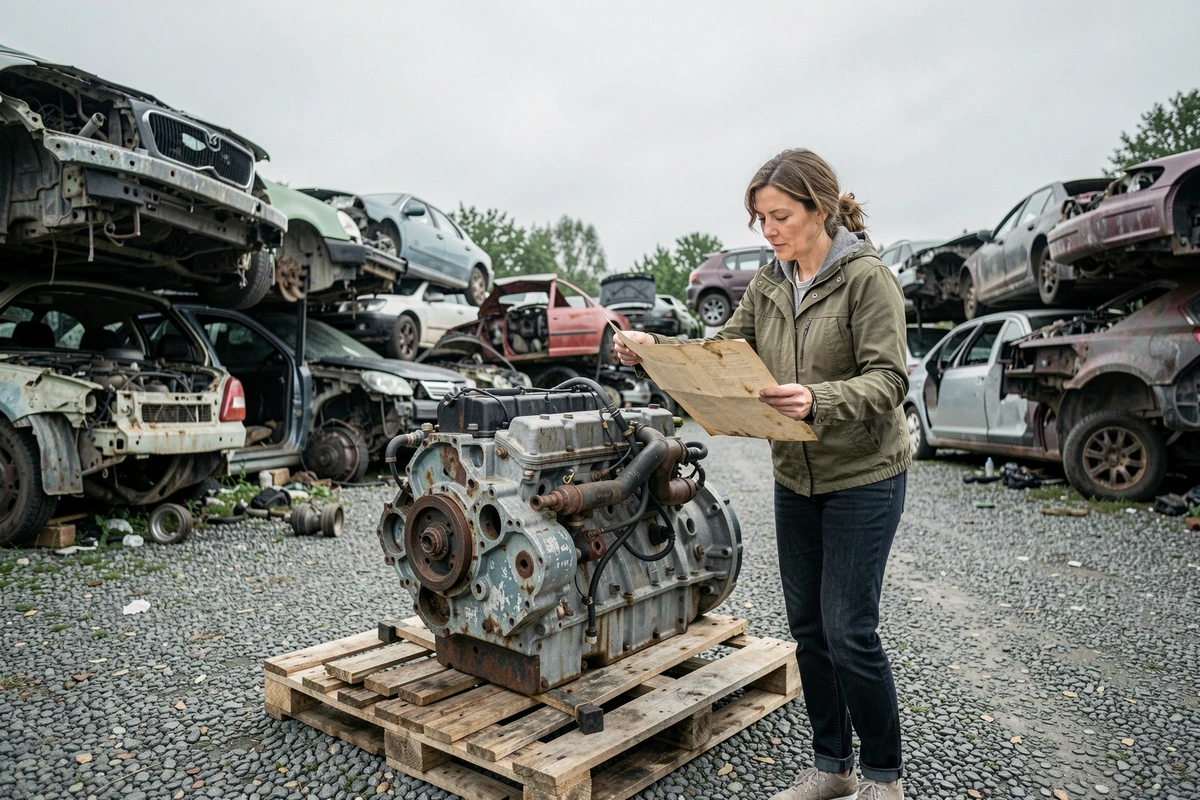 Femme cherchant une pièce moteur dans une casse automobile du Nord