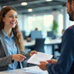 Propriétaire remettant documents de voiture au comptoir Norauto