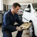 Mécanicien retirant une optique cassée d'une petite citadine blanche dans un garage automobile professionnel