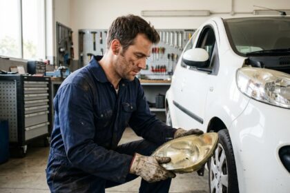 Mécanicien retirant une optique cassée d'une petite citadine blanche dans un garage automobile professionnel