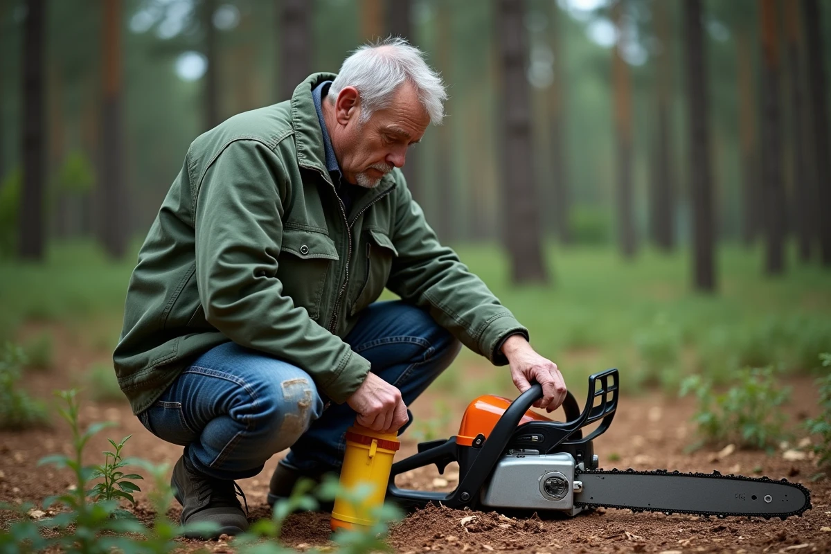 Homme remplissant le réservoir d'une tronçonneuse avec un mélange essence huile biodégradable en forêt