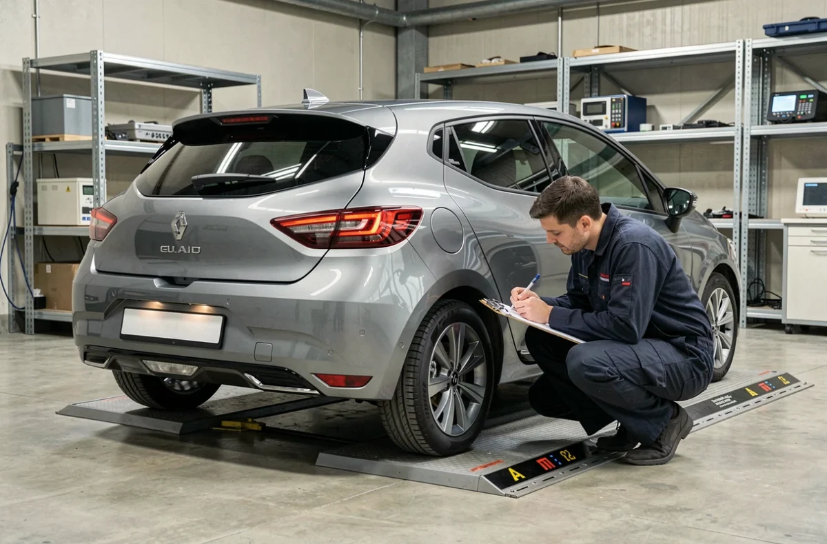 Clio 4 sur une plateforme de pesée dans un centre technique automobile, technicien prenant des mesures