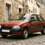 Renault Clio de première génération garée dans une rue pavée d'un village français, vue en trois quarts avant