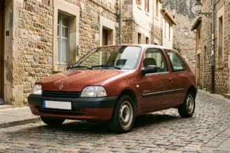 Renault Clio de première génération garée dans une rue pavée d'un village français, vue en trois quarts avant