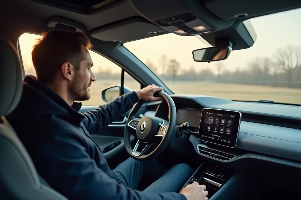 Intérieur de la Renault Symbioz 2026, tableau de bord et habitacle moderne avec teintes gris rafale