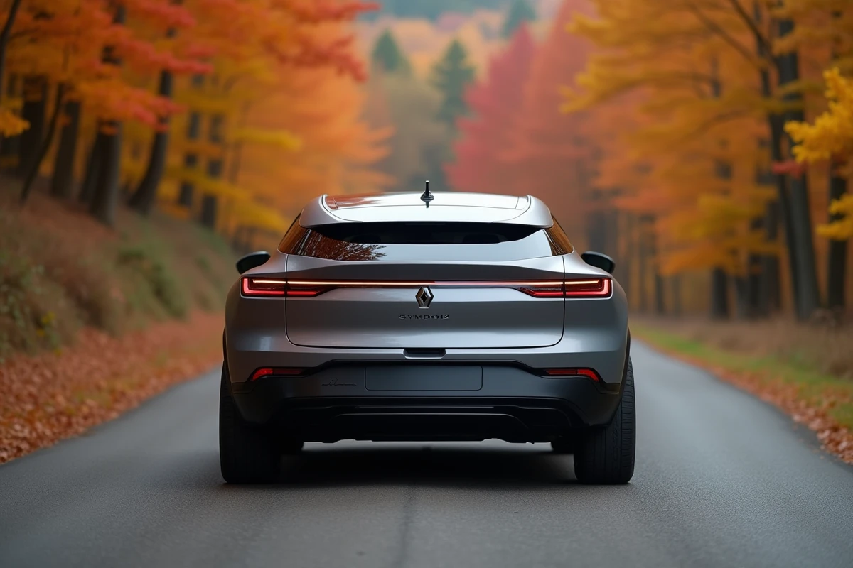 Renault Symbioz 2026 gris rafale sur route de campagne en automne, vue arrière trois quarts