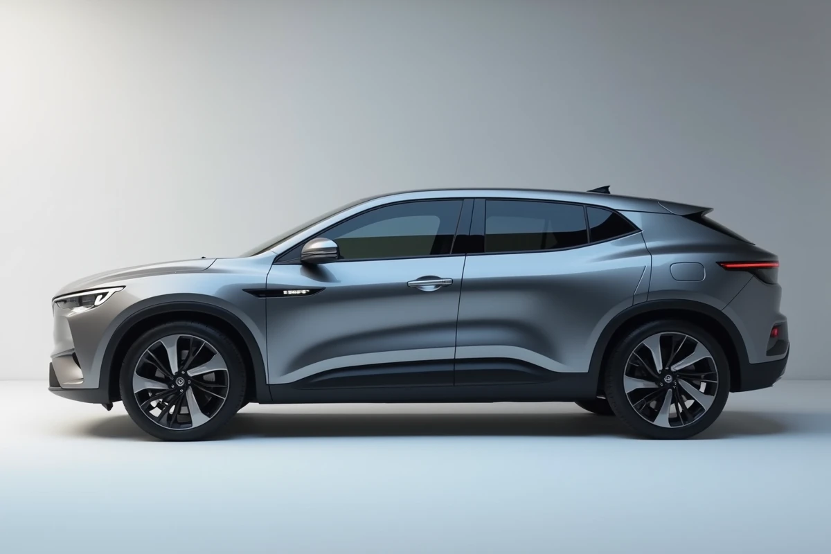 Renault Symbioz 2026 en gris rafale en studio, profil latéral mettant en valeur la teinte métallisée