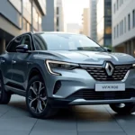 Renault Symbioz 2026 en gris rafale garé en milieu urbain, vue trois quarts avant