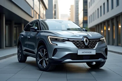 Renault Symbioz 2026 en gris rafale garé en milieu urbain, vue trois quarts avant