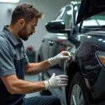 Technicien automobile appliquant un produit de polissage sur un pare-chocs en plastique rayé lors d'une rénovation en atelier