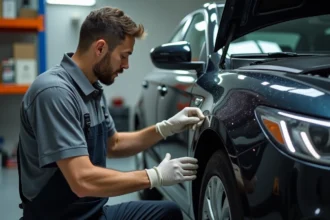Technicien automobile appliquant un produit de polissage sur un pare-chocs en plastique rayé lors d'une rénovation en atelier