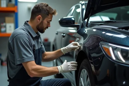 Technicien automobile appliquant un produit de polissage sur un pare-chocs en plastique rayé lors d'une rénovation en atelier
