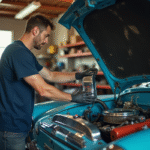 Passionne d autos anciennes installant une piece chromee sous le capot