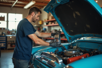 Passionne d autos anciennes installant une piece chromee sous le capot