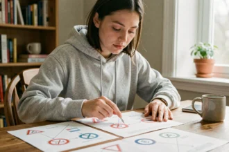 Jeune femme révisant des fiches mémo imprimées pour le permis de conduire 2026 à son bureau