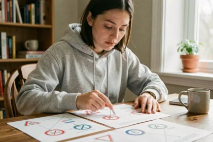 Jeune femme révisant des fiches mémo imprimées pour le permis de conduire 2026 à son bureau