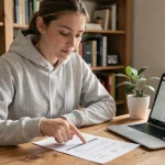 Jeune femme révisant des questions de permis de conduire en PDF à son bureau à domicile