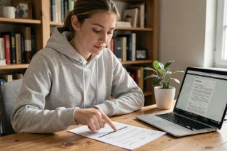 Jeune femme révisant des questions de permis de conduire en PDF à son bureau à domicile
