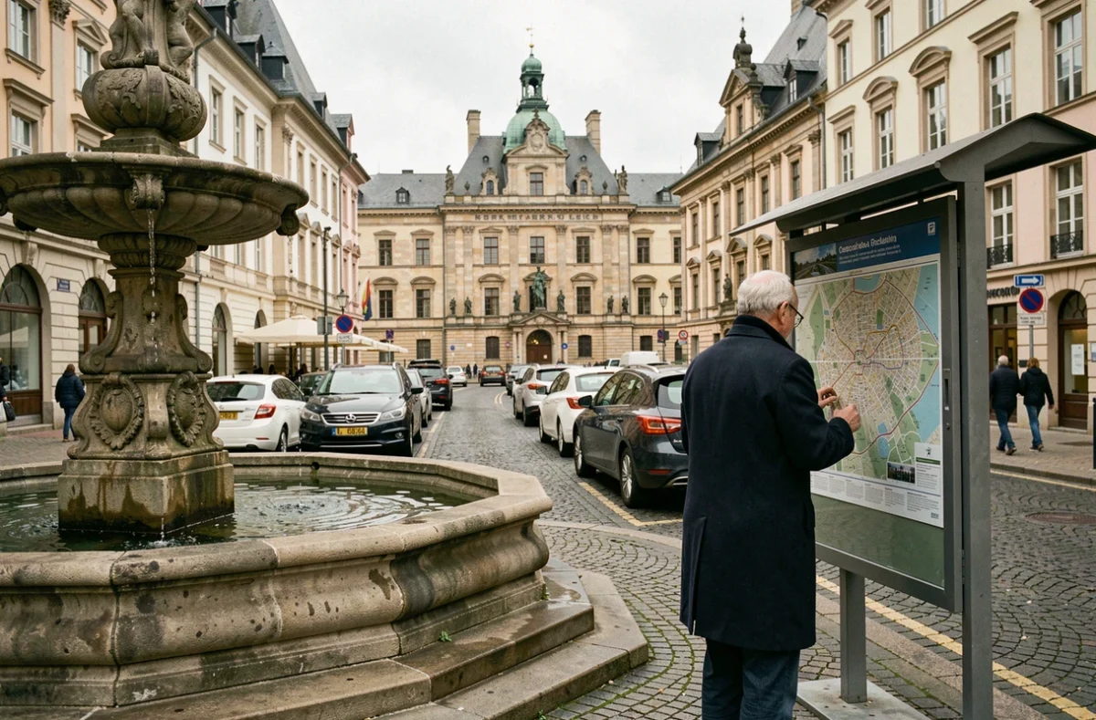 Scène de rue à Luxembourg-Ville avec des véhicules portant des plaques d'immatriculation L devant le Palais Grand-Ducal