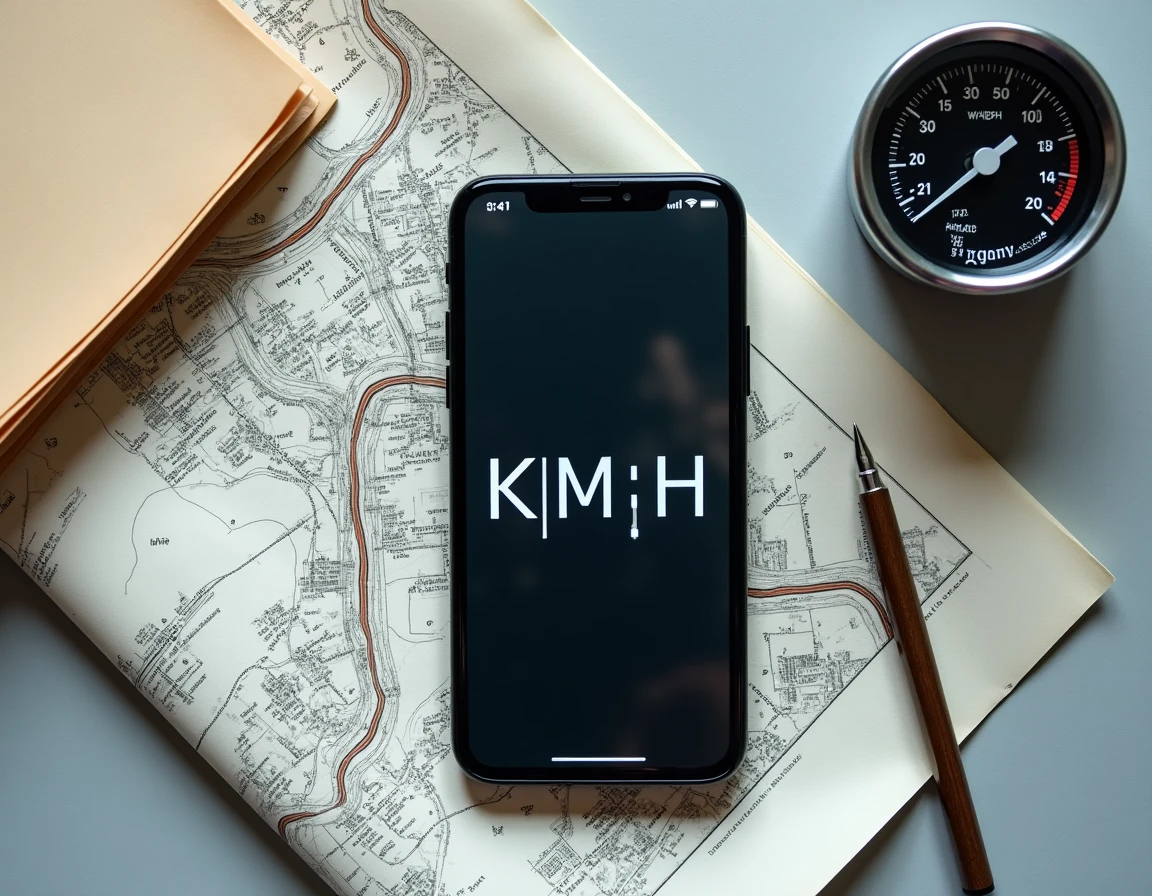 Vue aérienne d'un smartphone affichant une application de conversion mph en km/h posé sur une carte routière avec un compteur de vitesse vintage