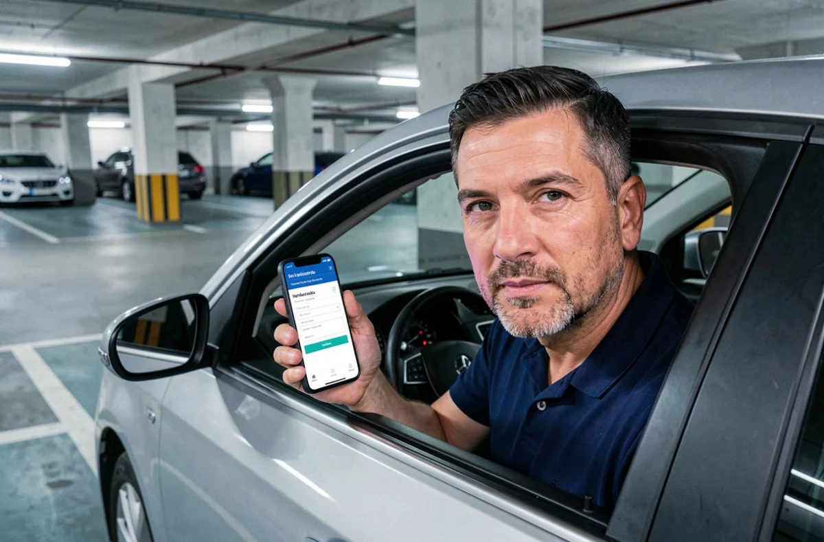 Homme consultant son smartphone pour souscrire une assurance auto dans un parking