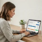 Femme souscrivant une assurance voiture en ligne depuis son bureau à domicile