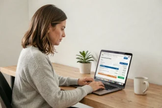 Femme souscrivant une assurance voiture en ligne depuis son bureau à domicile