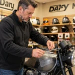 Motard fixant un support vignette assurance transparent sur sa moto dans un magasin Dafy Moto
