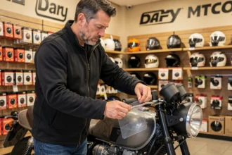 Motard fixant un support vignette assurance transparent sur sa moto dans un magasin Dafy Moto