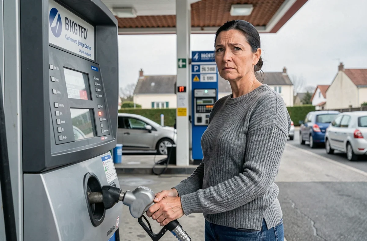 Femme surprise par la surconsommation de carburant lors du plein d'une Renault Clio 2 grise à la station-service