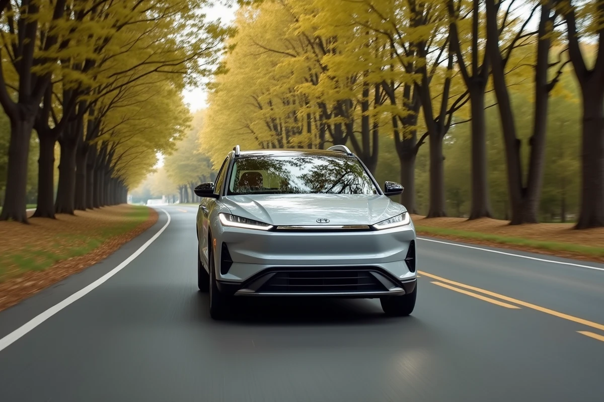 SUV compact hybride 48V en mouvement sur route suburbaine avec feuillage automnal, illustration du système micro-hybridation