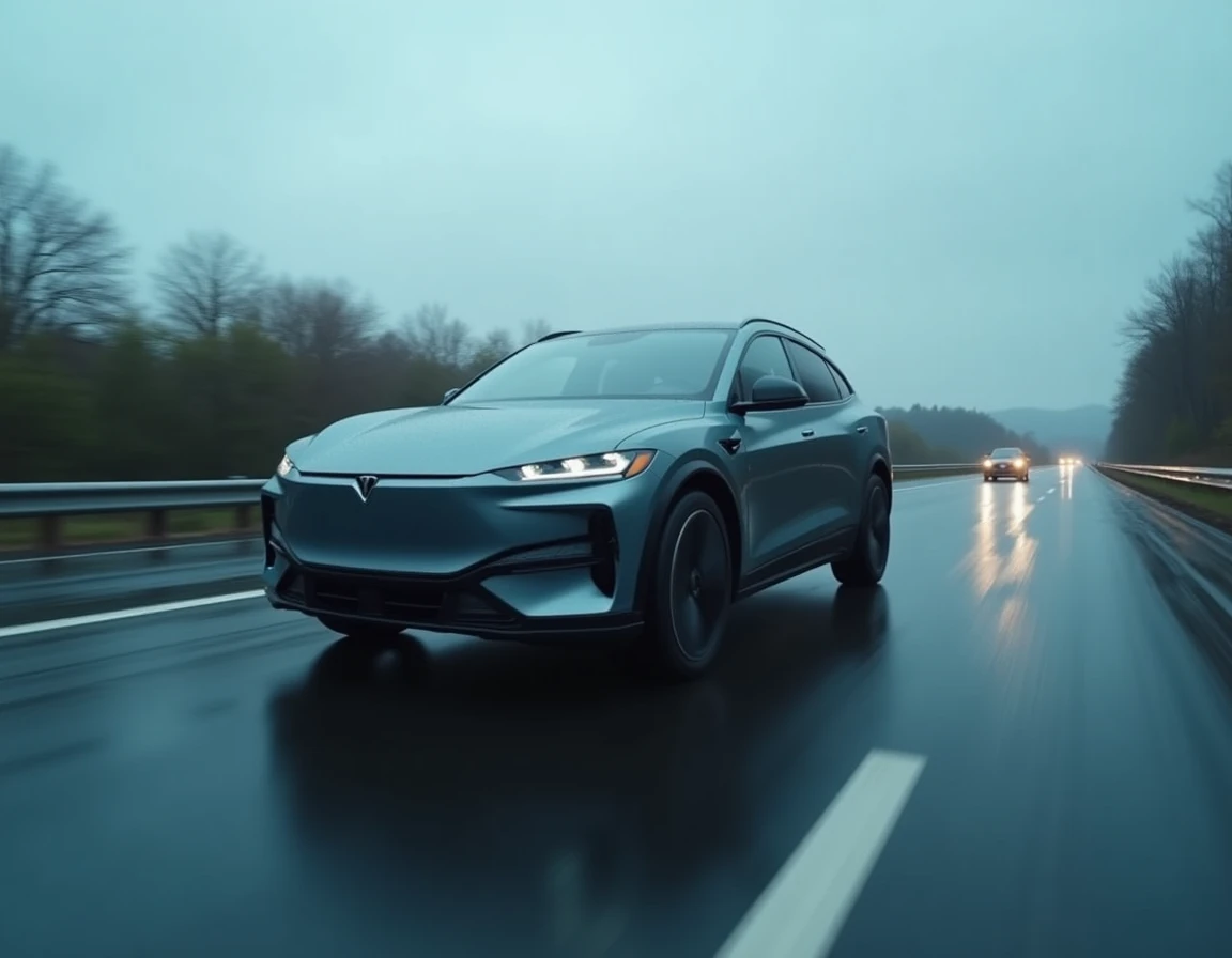 SUV hybride en mouvement sur autoroute mouillée illustrant la récupération d'énergie cinétique au freinage