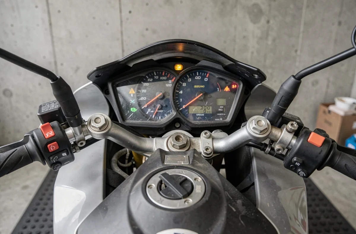 Tableau de bord et compteur kilométrique d'une Suzuki GSX-R d'occasion révélant l'historique du véhicule