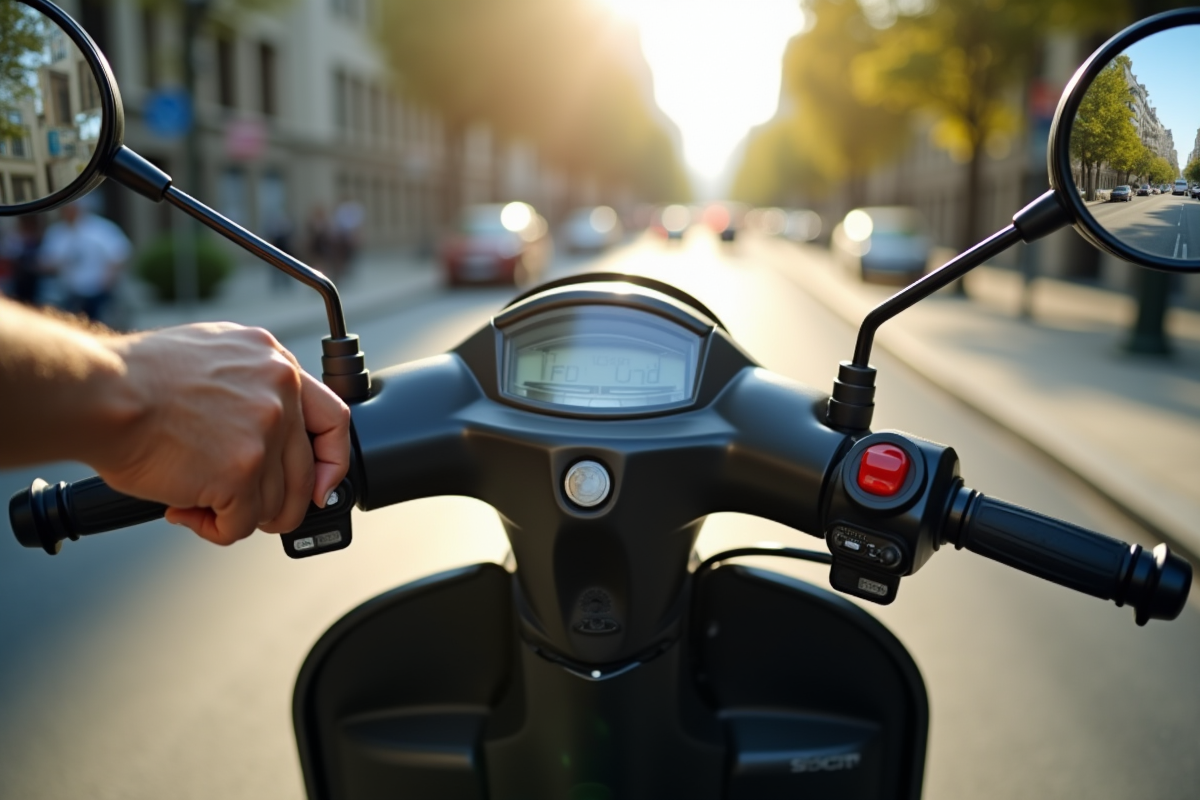 Détail du tableau de bord scooter avec miroir et carte d