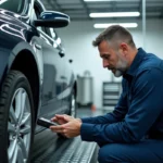 Technicien automobile connectant un scanner OBD-II lors d'un contrôle technique dans un centre d'inspection professionnel