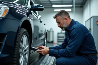 Technicien automobile connectant un scanner OBD-II lors d'un contrôle technique dans un centre d'inspection professionnel