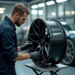 Technicien automobile appliquant un covering vinyle noir mat sur une jante dans un atelier professionnel