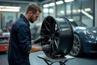 Technicien automobile appliquant un covering vinyle noir mat sur une jante dans un atelier professionnel