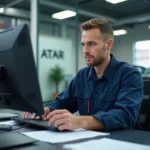 Technicien automobile en garage effectuant une demande de carte grise sur ordinateur au comptoir d'accueil