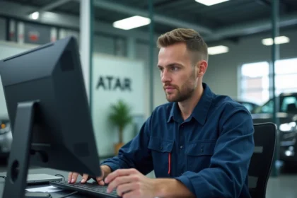 Technicien automobile en garage effectuant une demande de carte grise sur ordinateur au comptoir d'accueil