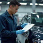Technicien automobile vérifiant les documents de garantie d'une marque chinoise dans un atelier professionnel